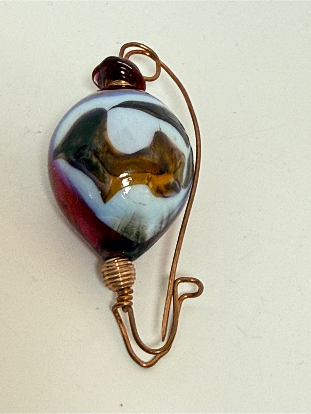 Vintage Handmade Glass Teardrop Brooch with Copper Wire